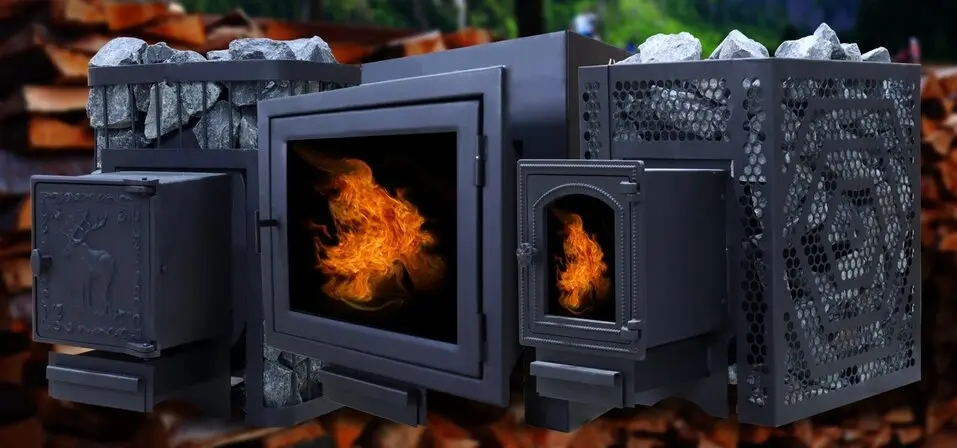 Печи для бани ComfortProm с чугунной и стеклянной дверцей